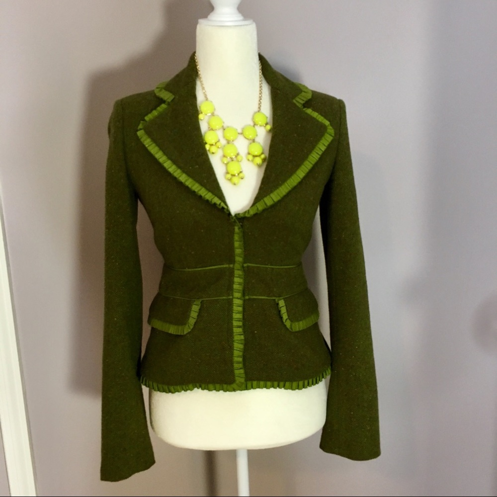 L.A.M.B. Green Tweed Peplum Grosgrain Blazer Jacket 0